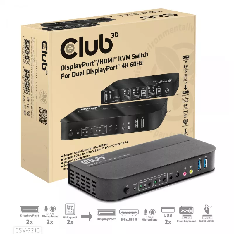 CLUB3D DisplayPort/HDMI KVM Switch für Dual DisplayPort 4K 60Hz