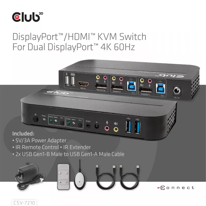 CLUB3D DisplayPort/HDMI KVM Switch für Dual DisplayPort 4K 60Hz