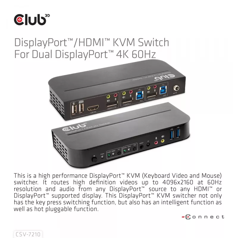 CLUB3D DisplayPort/HDMI KVM Switch für Dual DisplayPort 4K 60Hz
