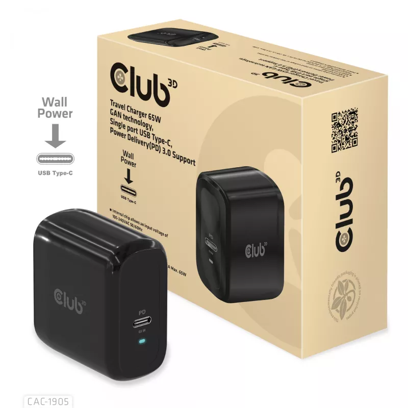 CLUB3D Travel Charger 65W GAN-Technologie, Einzelport USB Type-C, Power Delivery (PD) 3.0 Unterstützung