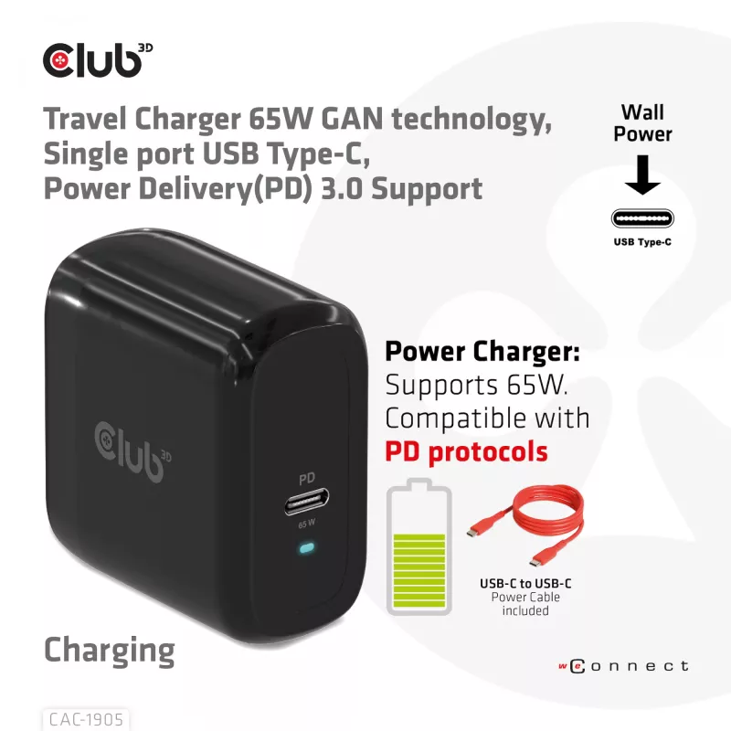 CLUB3D Travel Charger 65W GAN-Technologie, Einzelport USB Type-C, Power Delivery (PD) 3.0 Unterstützung