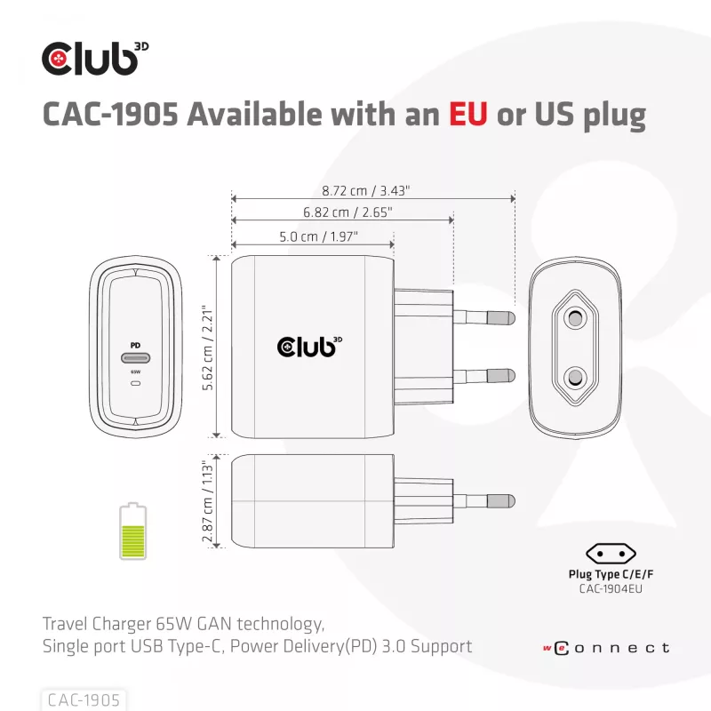 CLUB3D Travel Charger 65W GAN-Technologie, Einzelport USB Type-C, Power Delivery (PD) 3.0 Unterstützung