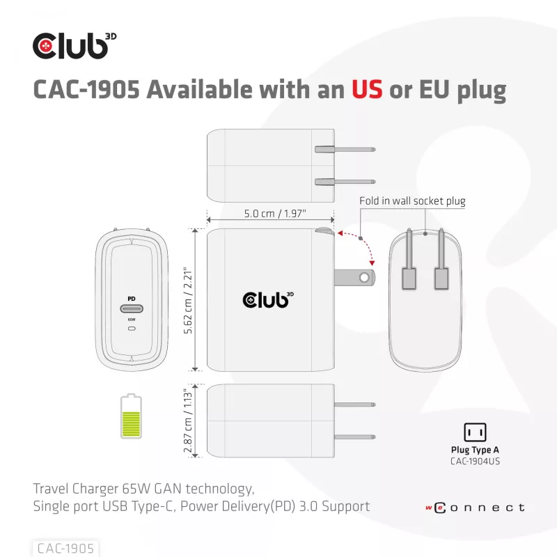 CLUB3D Travel Charger 65W GAN-Technologie, Einzelport USB Type-C, Power Delivery (PD) 3.0 Unterstützung