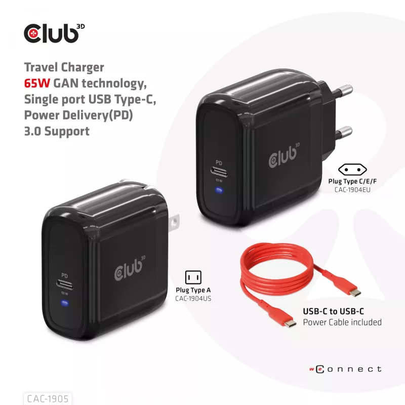 CLUB3D Travel Charger 65W GAN-Technologie, Einzelport USB Type-C, Power Delivery (PD) 3.0 Unterstützung