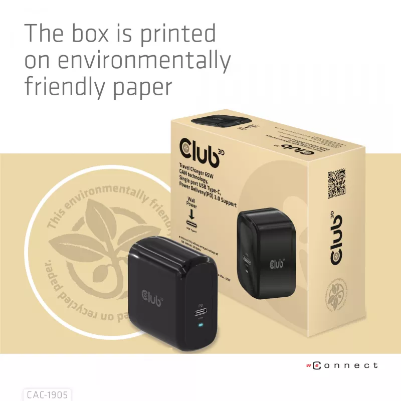 CLUB3D Travel Charger 65W GAN-Technologie, Einzelport USB Type-C, Power Delivery (PD) 3.0 Unterstützung