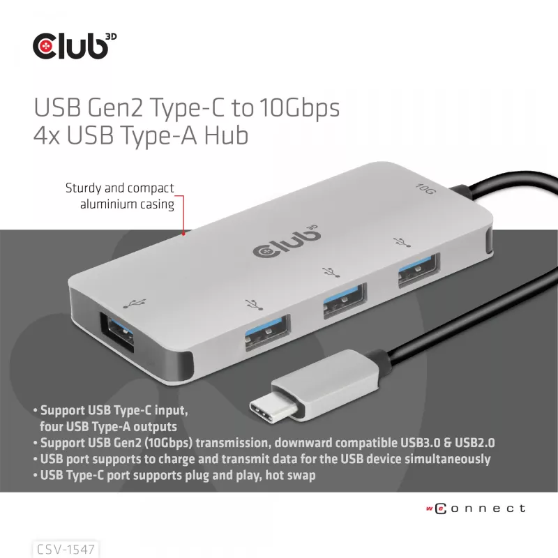 CLUB3D 4-Port USB-A Hub für USB-C – 10 Gbps schnelle Übertragung
