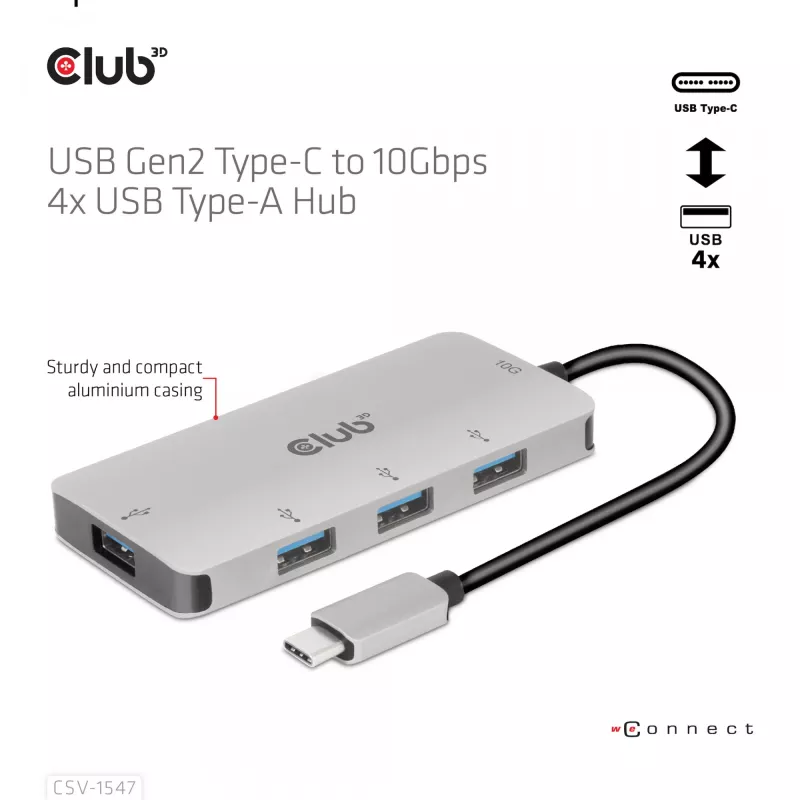 CLUB3D 4-Port USB-A Hub für USB-C – 10 Gbps schnelle Übertragung