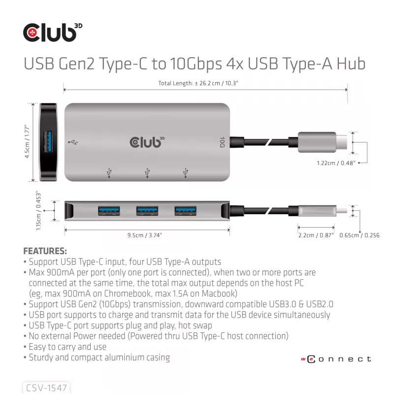 CLUB3D 4-Port USB-A Hub für USB-C – 10 Gbps schnelle Übertragung