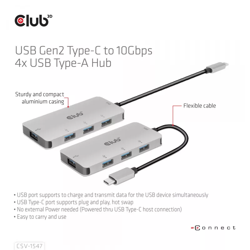 CLUB3D 4-Port USB-A Hub für USB-C – 10 Gbps schnelle Übertragung