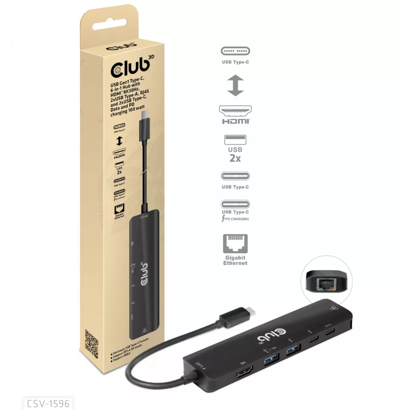 CLUB3D USB Gen1 Type-C, 6-in-1 Hub mit HDMI 8K30Hz, 2xUSB Type-A, RJ45 und 2xUSB Type-C, Daten- und PD-Ladung 100 Watt
