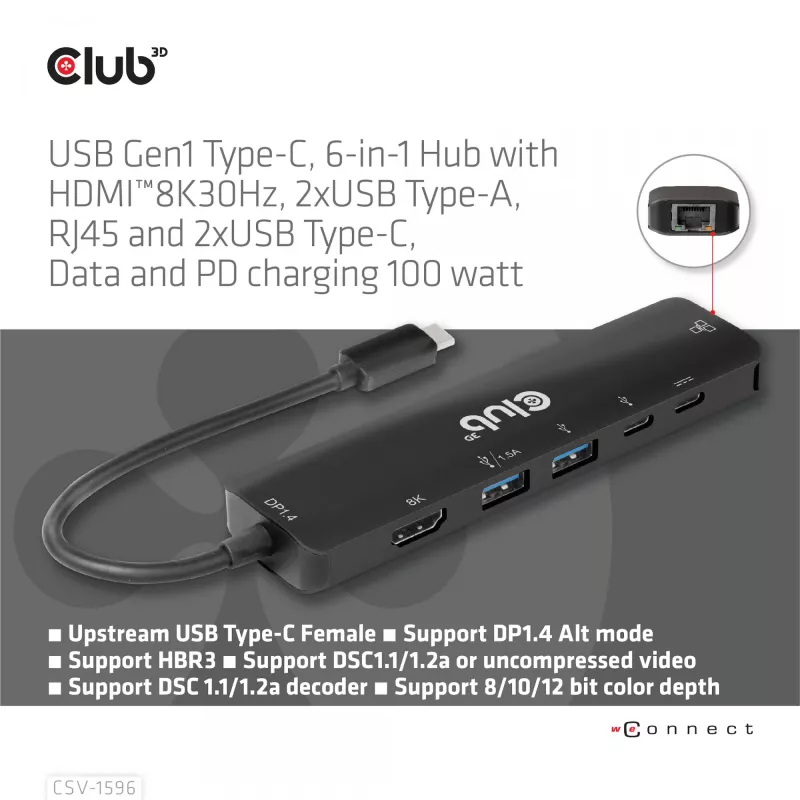 CLUB3D USB Gen1 Type-C, 6-in-1 Hub mit HDMI 8K30Hz, 2xUSB Type-A, RJ45 und 2xUSB Type-C, Daten- und PD-Ladung 100 Watt