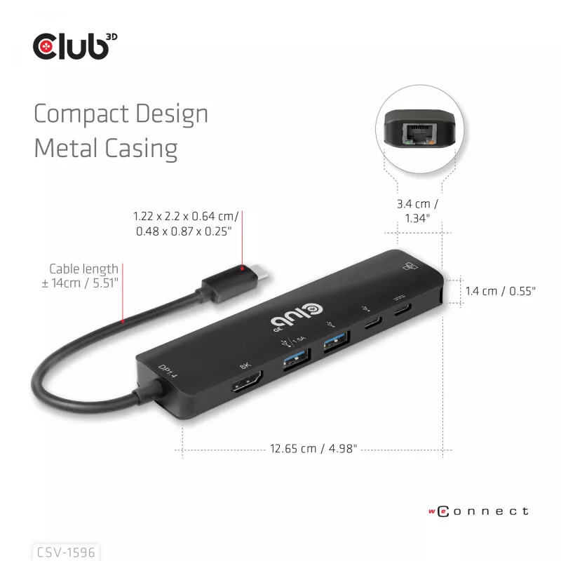 CLUB3D USB Gen1 Type-C, 6-in-1 Hub mit HDMI 8K30Hz, 2xUSB Type-A, RJ45 und 2xUSB Type-C, Daten- und PD-Ladung 100 Watt
