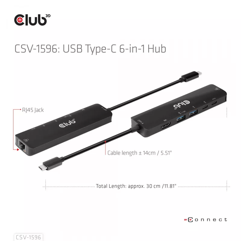 CLUB3D USB Gen1 Type-C, 6-in-1 Hub mit HDMI 8K30Hz, 2xUSB Type-A, RJ45 und 2xUSB Type-C, Daten- und PD-Ladung 100 Watt