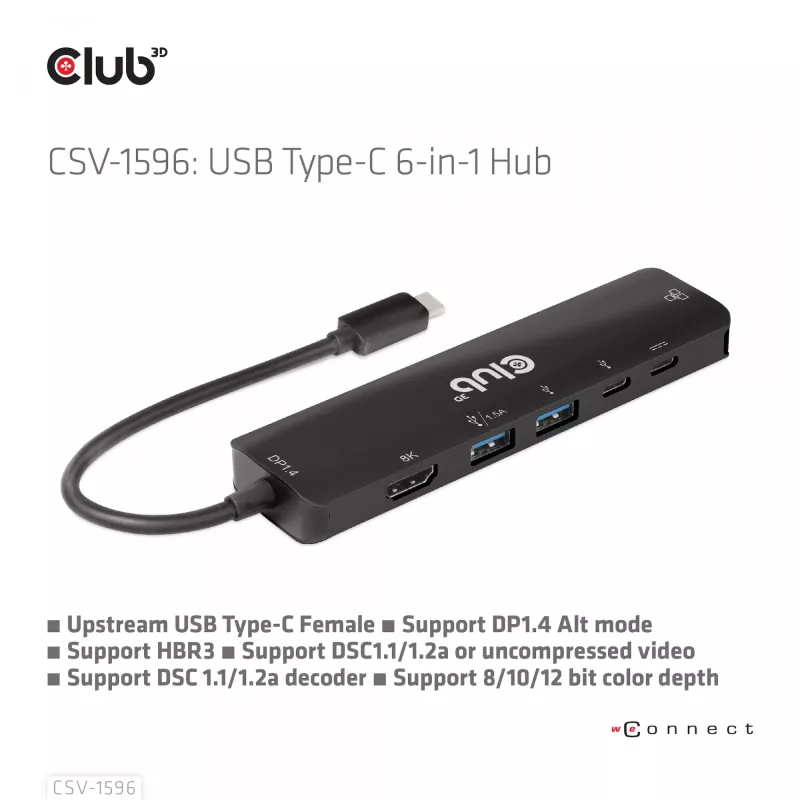CLUB3D USB Gen1 Type-C, 6-in-1 Hub mit HDMI 8K30Hz, 2xUSB Type-A, RJ45 und 2xUSB Type-C, Daten- und PD-Ladung 100 Watt