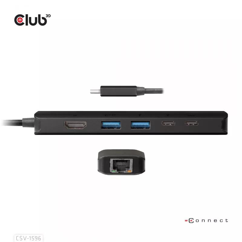 CLUB3D USB Gen1 Type-C, 6-in-1 Hub mit HDMI 8K30Hz, 2xUSB Type-A, RJ45 und 2xUSB Type-C, Daten- und PD-Ladung 100 Watt