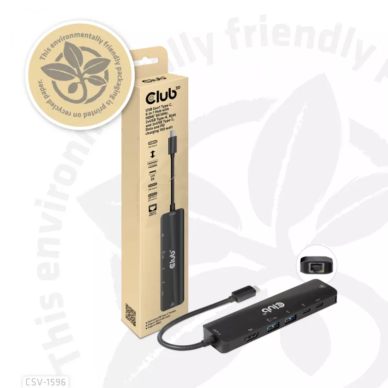 CLUB3D USB Gen1 Type-C, 6-in-1 Hub mit HDMI 8K30Hz, 2xUSB Type-A, RJ45 und 2xUSB Type-C, Daten- und PD-Ladung 100 Watt
