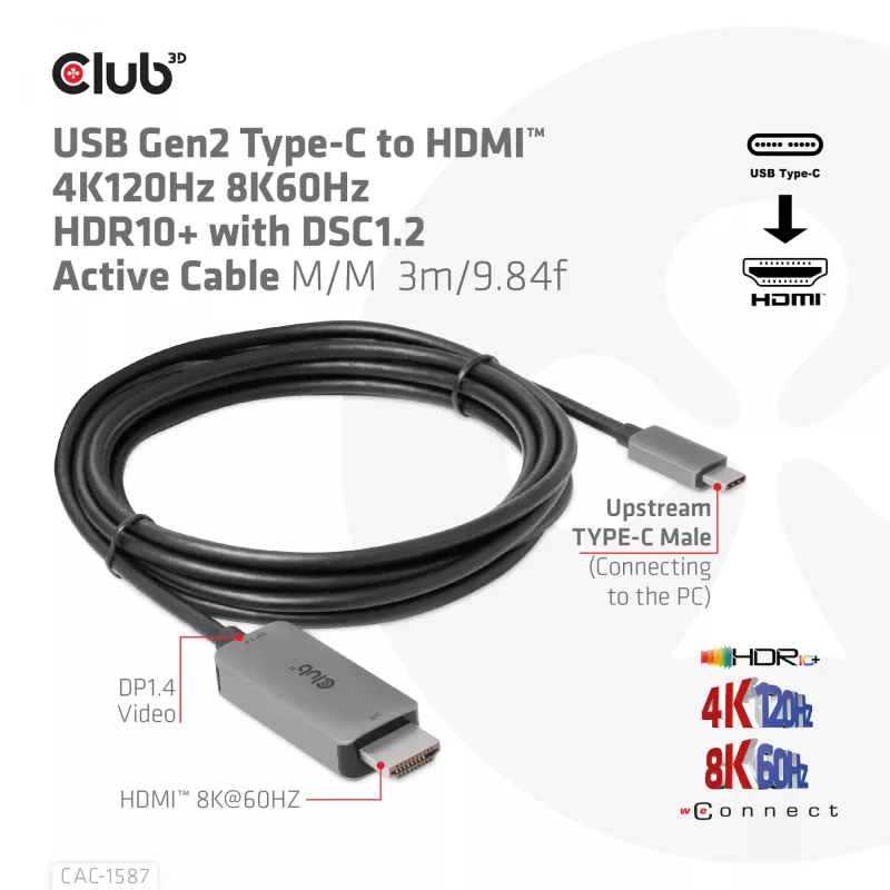 CLUB3D USB Gen2 Type-C auf HDMI 4K120Hz 8K60Hz HDR10 mit DSC1.2 aktives Kabel M/M 3m / 9.84ft