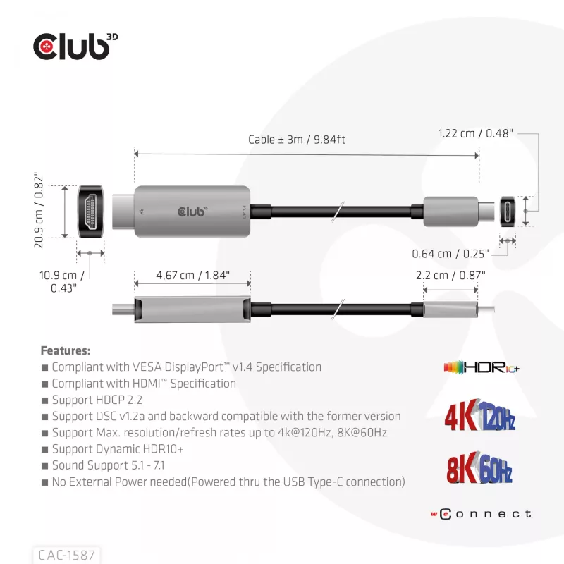 CLUB3D USB Gen2 Type-C auf HDMI 4K120Hz 8K60Hz HDR10 mit DSC1.2 aktives Kabel M/M 3m / 9.84ft