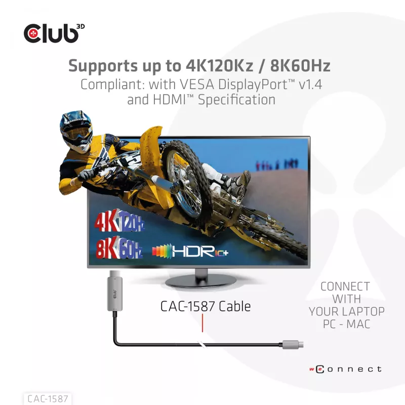 CLUB3D USB Gen2 Type-C auf HDMI 4K120Hz 8K60Hz HDR10 mit DSC1.2 aktives Kabel M/M 3m / 9.84ft