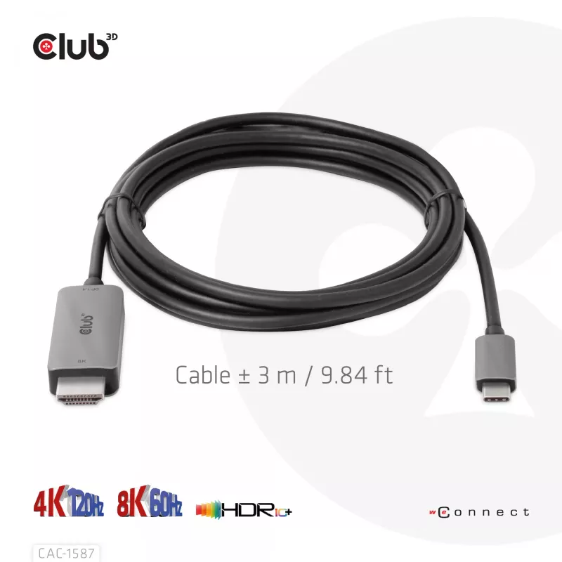 CLUB3D USB Gen2 Type-C auf HDMI 4K120Hz 8K60Hz HDR10 mit DSC1.2 aktives Kabel M/M 3m / 9.84ft