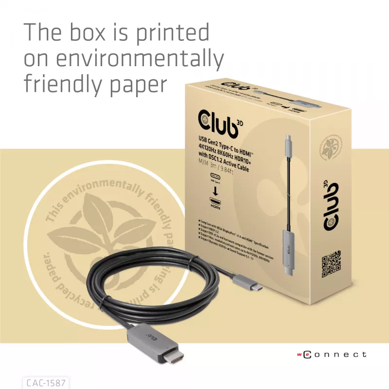 CLUB3D USB Gen2 Type-C auf HDMI 4K120Hz 8K60Hz HDR10 mit DSC1.2 aktives Kabel M/M 3m / 9.84ft