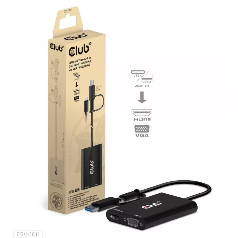 CLUB3D USB Gen1 Typ-C/-A zu Dual HDMI (4K/30Hz) / VGA (1080/60Hz)