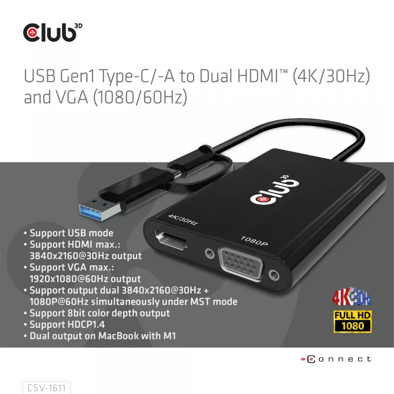CLUB3D USB Gen1 Typ-C/-A zu Dual HDMI (4K/30Hz) / VGA (1080/60Hz)
