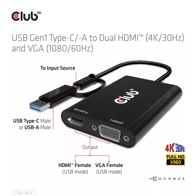 CLUB3D USB Gen1 Typ-C/-A zu Dual HDMI (4K/30Hz) / VGA (1080/60Hz)