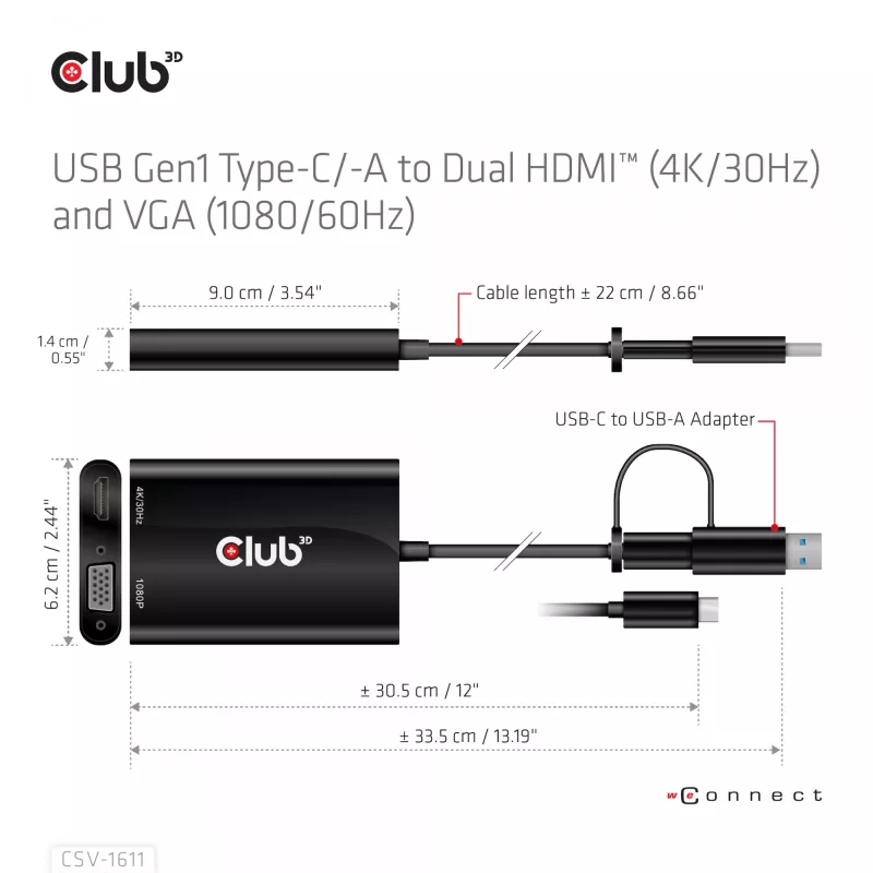 CLUB3D USB Gen1 Typ-C/-A zu Dual HDMI (4K/30Hz) / VGA (1080/60Hz)