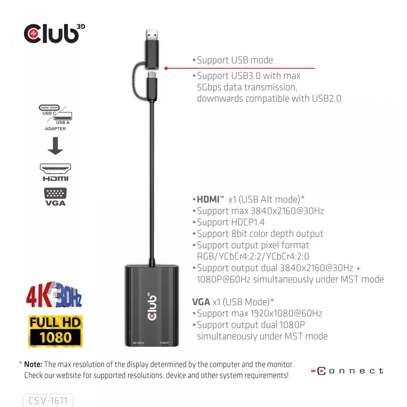 CLUB3D USB Gen1 Typ-C/-A zu Dual HDMI (4K/30Hz) / VGA (1080/60Hz)