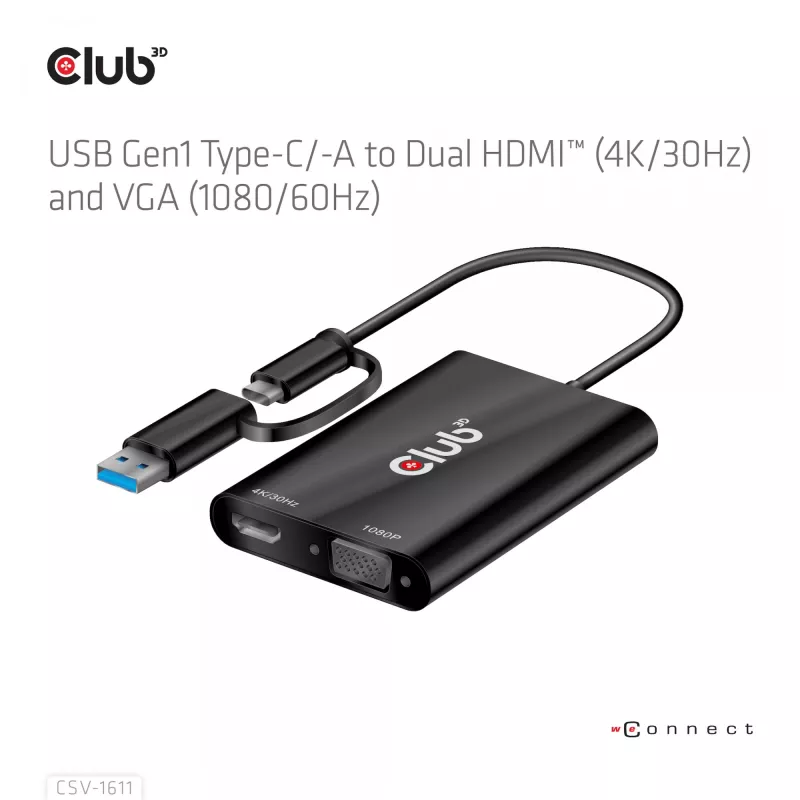 CLUB3D USB Gen1 Typ-C/-A zu Dual HDMI (4K/30Hz) / VGA (1080/60Hz)