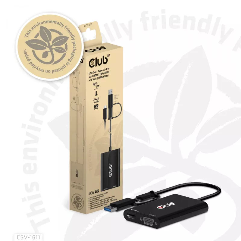 CLUB3D USB Gen1 Typ-C/-A zu Dual HDMI (4K/30Hz) / VGA (1080/60Hz)