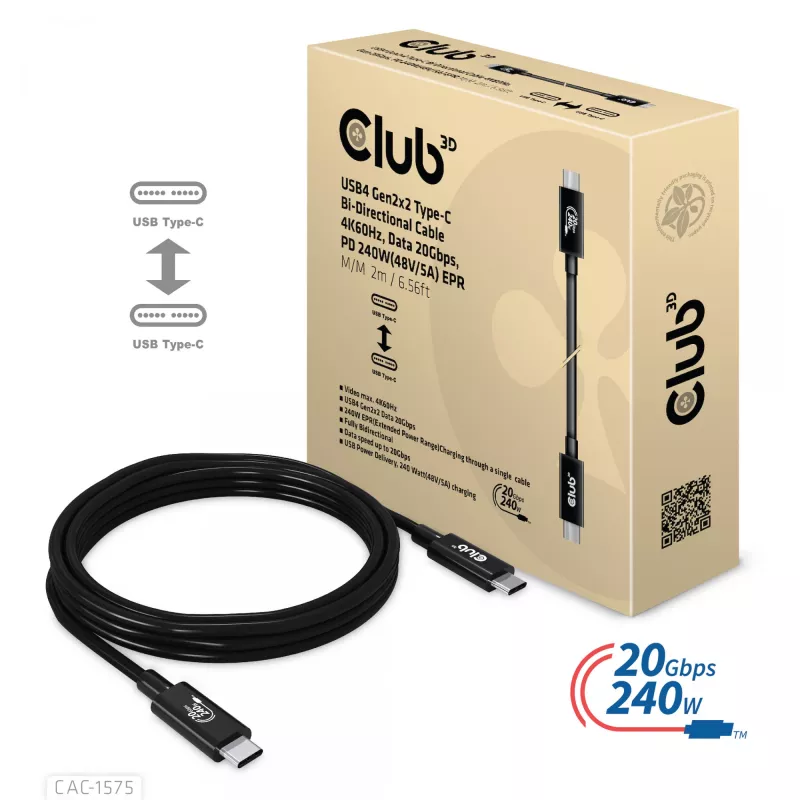 CLUB3D USB4 Gen2x2 Type-C bidirektionales Kabel 4K60Hz, Daten 20Gbps, PD 240W(48V/5A) EPR M/M 2m