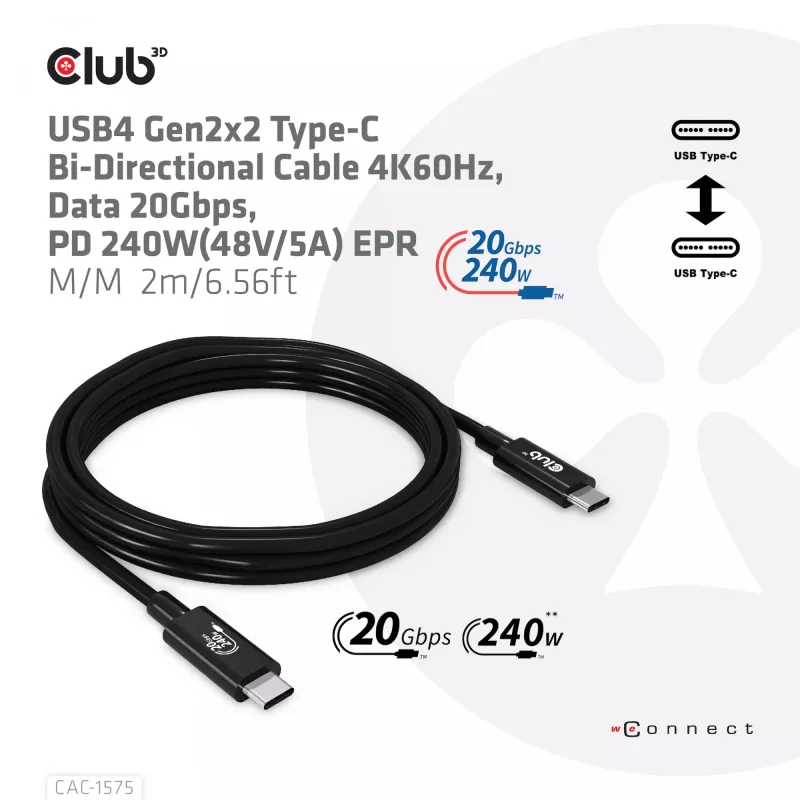 CLUB3D USB4 Gen2x2 Type-C bidirektionales Kabel 4K60Hz, Daten 20Gbps, PD 240W(48V/5A) EPR M/M 2m