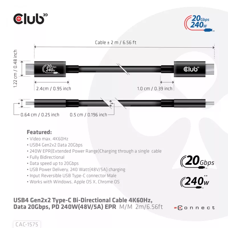 CLUB3D USB4 Gen2x2 Type-C bidirektionales Kabel 4K60Hz, Daten 20Gbps, PD 240W(48V/5A) EPR M/M 2m
