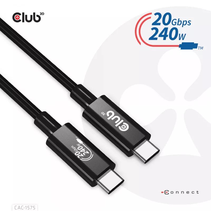CLUB3D USB4 Gen2x2 Type-C bidirektionales Kabel 4K60Hz, Daten 20Gbps, PD 240W(48V/5A) EPR M/M 2m