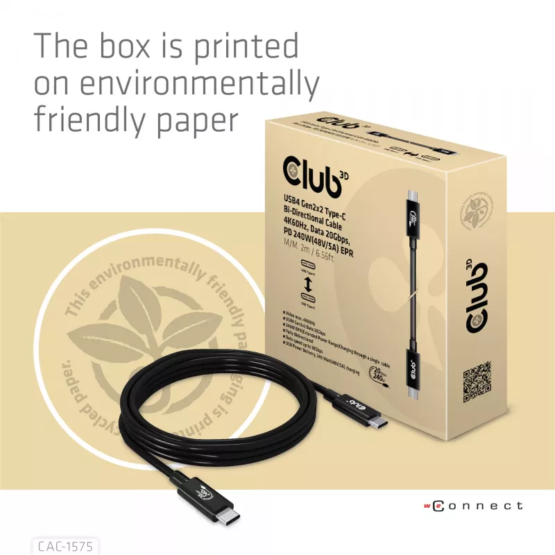 CLUB3D USB4 Gen2x2 Type-C bidirektionales Kabel 4K60Hz, Daten 20Gbps, PD 240W(48V/5A) EPR M/M 2m