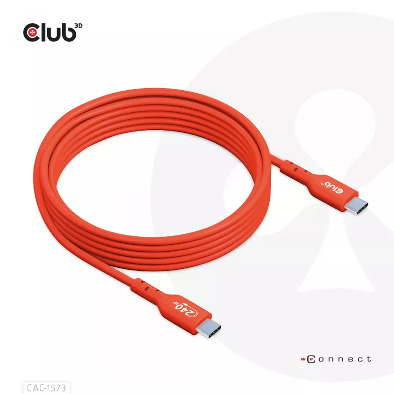 USB-C-zu-USB-C-Bidirektionales Kabel CLUB3D CAC-1573, USB4 Gen 2x2, 2 m, Rot, PD bis zu 240 W