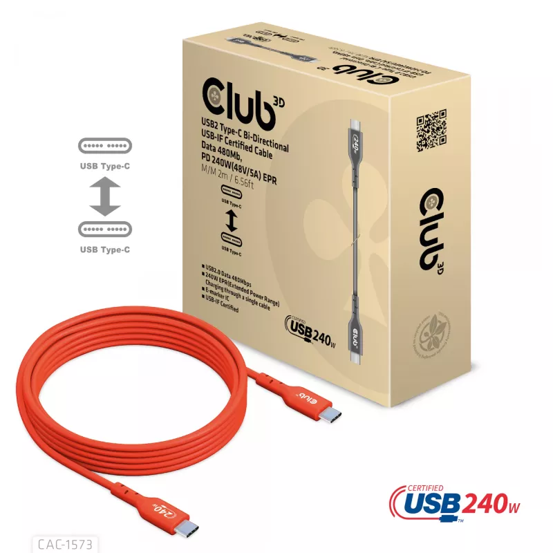USB-C-zu-USB-C-Bidirektionales Kabel CLUB3D CAC-1573, USB4 Gen 2x2, 2 m, Rot, PD bis zu 240 W