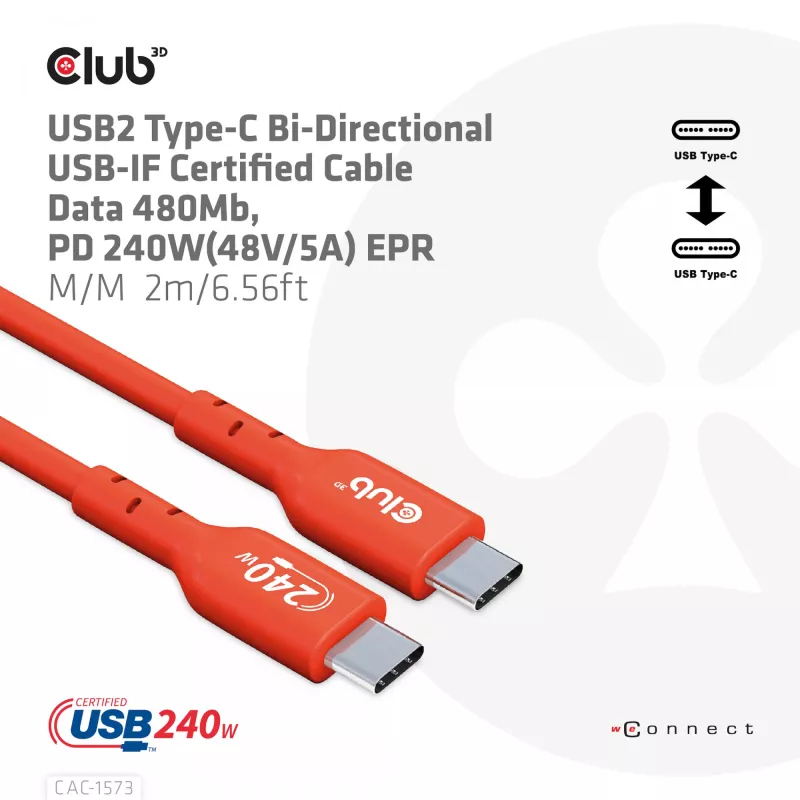 USB-C-zu-USB-C-Bidirektionales Kabel CLUB3D CAC-1573, USB4 Gen 2x2, 2 m, Rot, PD bis zu 240 W