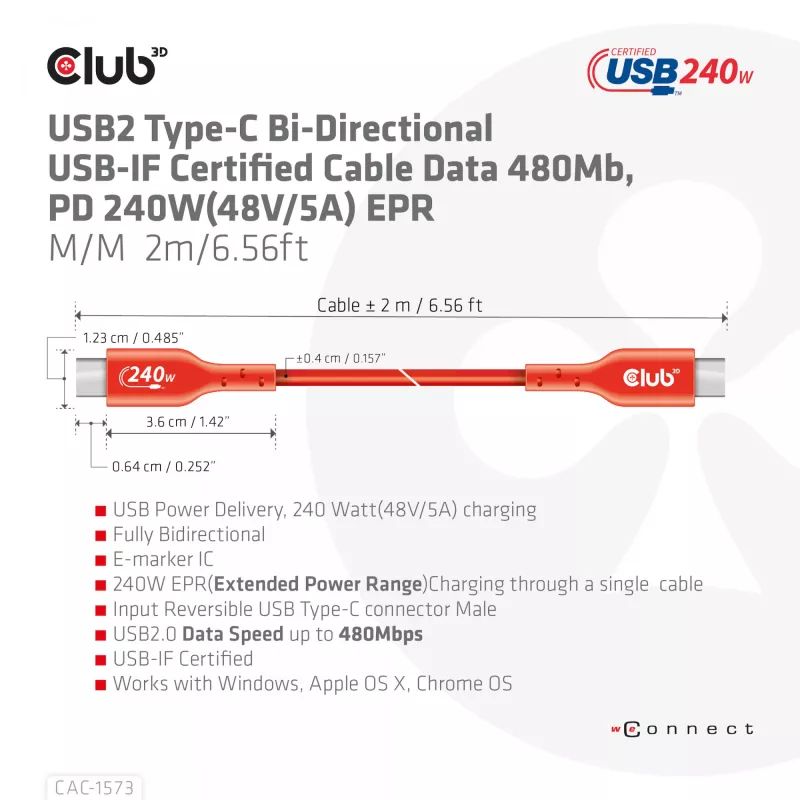 USB-C-zu-USB-C-Bidirektionales Kabel CLUB3D CAC-1573, USB4 Gen 2x2, 2 m, Rot, PD bis zu 240 W