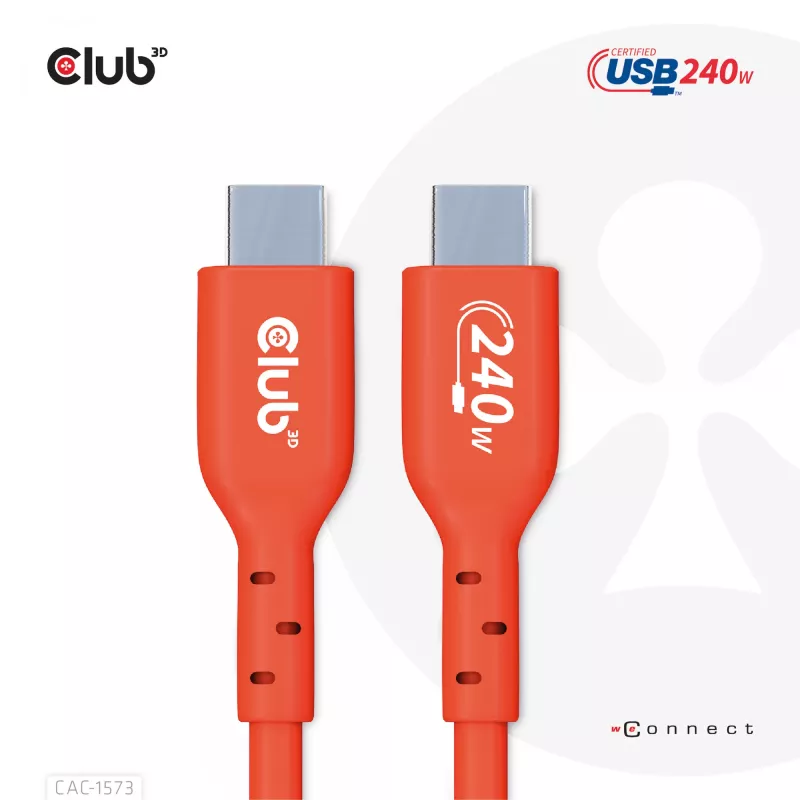USB-C-zu-USB-C-Bidirektionales Kabel CLUB3D CAC-1573, USB4 Gen 2x2, 2 m, Rot, PD bis zu 240 W