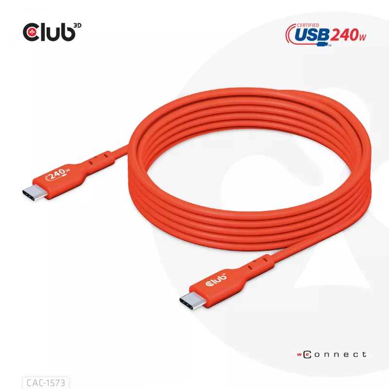USB-C-zu-USB-C-Bidirektionales Kabel CLUB3D CAC-1573, USB4 Gen 2x2, 2 m, Rot, PD bis zu 240 W