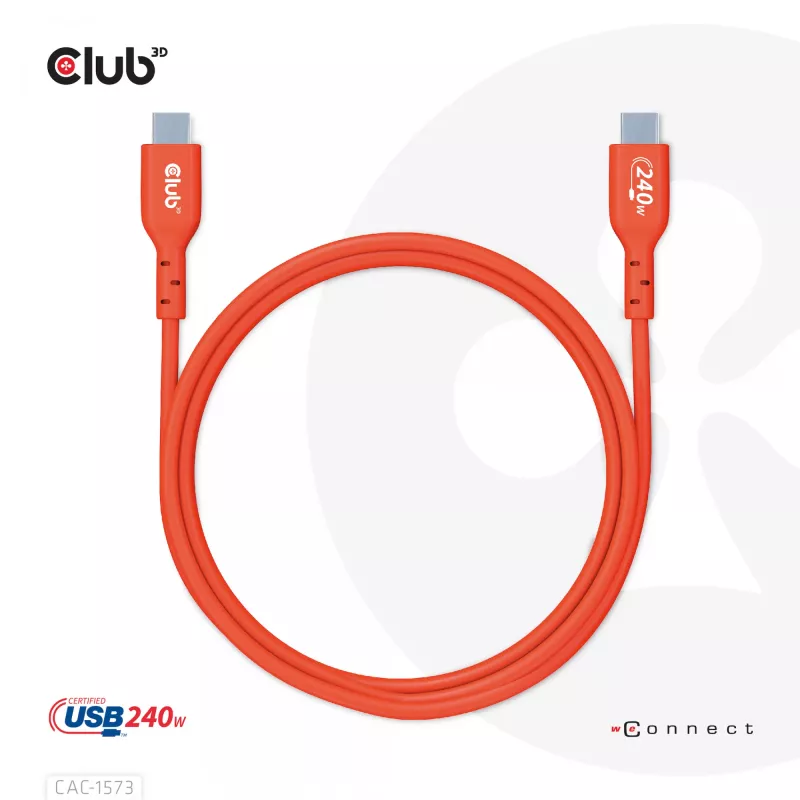 USB-C-zu-USB-C-Bidirektionales Kabel CLUB3D CAC-1573, USB4 Gen 2x2, 2 m, Rot, PD bis zu 240 W