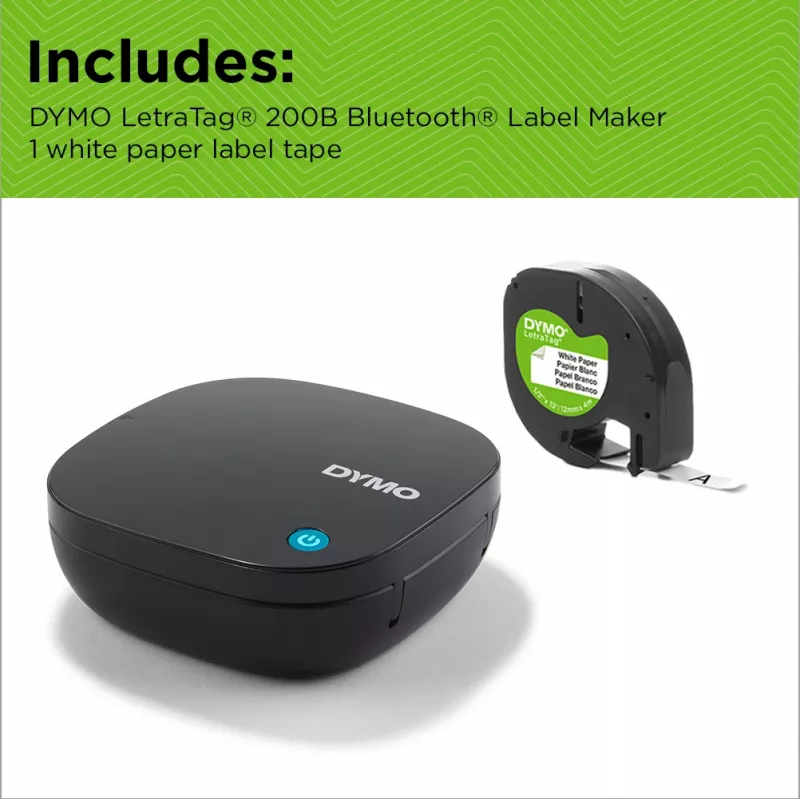 DYMO LetraTag 200B Bluetooth Etikettendrucker | Kompakter Etikettendrucker | Verbindet sich über drahtlose Bluetooth-Technologie mit iOS und Android | Enthält 1 weißes Papieretikettband | Schwarz