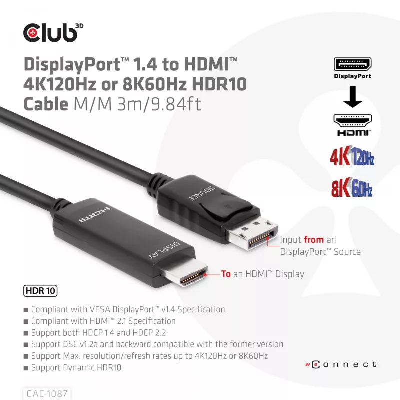 CLUB3D DisplayPort 1.4 auf HDMI 4K120Hz oder 8K60Hz HDR10 Kabel M/M 3m/9,84ft