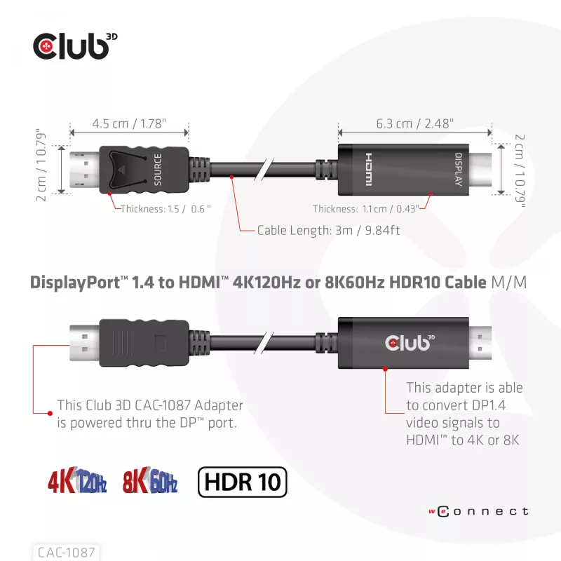 CLUB3D DisplayPort 1.4 auf HDMI 4K120Hz oder 8K60Hz HDR10 Kabel M/M 3m/9,84ft