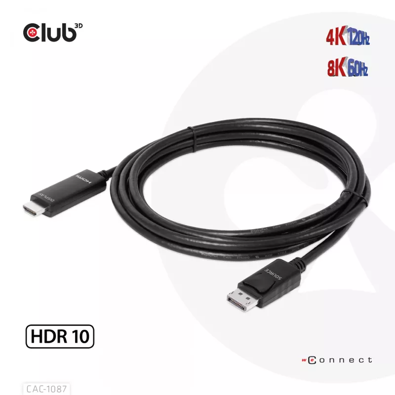 CLUB3D DisplayPort 1.4 auf HDMI 4K120Hz oder 8K60Hz HDR10 Kabel M/M 3m/9,84ft