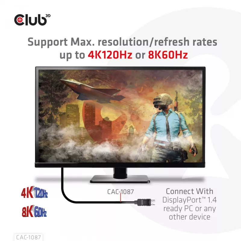 CLUB3D DisplayPort 1.4 auf HDMI 4K120Hz oder 8K60Hz HDR10 Kabel M/M 3m/9,84ft