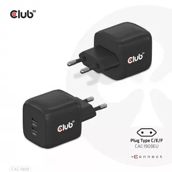 CLUB3D Reiseladegerät PPS 45W GAN-Technologie, Dual-Port USB Type-C, Power Delivery (PD) 3.0 Unterstützung